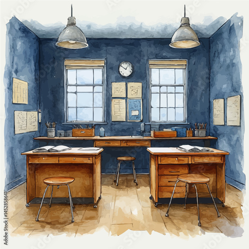 Classroom Desk With Notebooks, vector watercolor illustration, isolated on a white background.