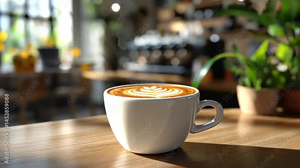 A beautifully crafted latte art in a cozy caf? setting with plants and blurred background A beautifully crafted latte art in a cozy caf? setting with plants and blurred background