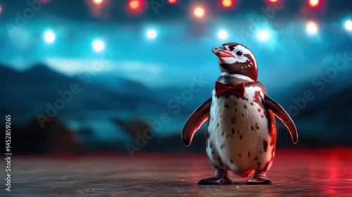 A delightful penguin dressed in a bow tie stands proudly on a colorful stage, showcasing a playful and whimsical atmosphere perfect for cheerful and fun stories.