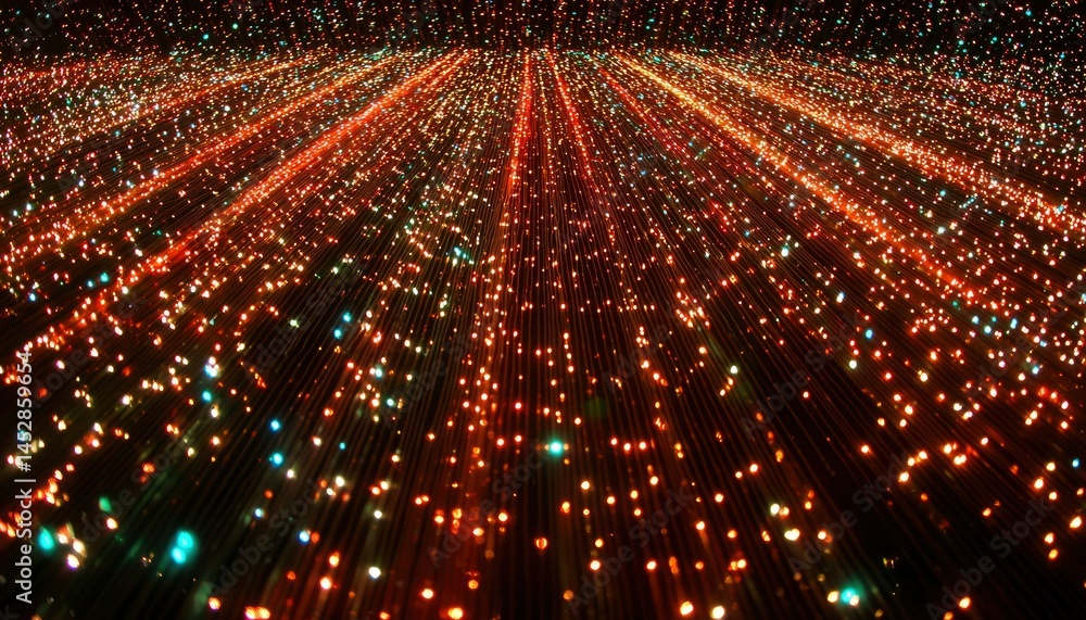 Naklejka premium Shining fibers converge into a glowing horizon. Dark backdrop with colorful beams
