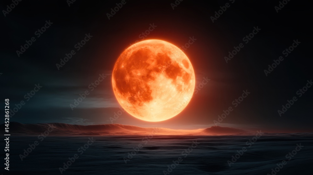 Fototapeta premium A mesmerizing, oversized orange moon dominates the night sky, casting gentle light on the serene landscape, inviting contemplation on beauty and nature's wonders.