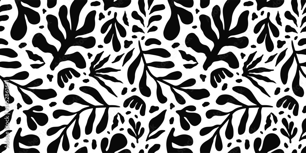Simple abstract contemporary seamless pattern. Hand drawn flower and leaf shape textures in black and white. Abstact organic shape. Repeatable floral vibrant modern boho prints. Vector illustration