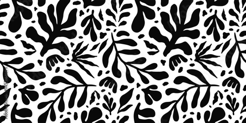 Obraz na płótnie Simple abstract contemporary seamless pattern. Hand drawn flower and leaf shape textures in black and white. Abstact organic shape. Repeatable floral vibrant modern boho prints. Vector illustration w salonie