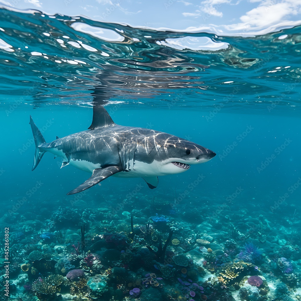 Fototapeta premium Ocean Majesty: Great White Shark Underwater AI Generated