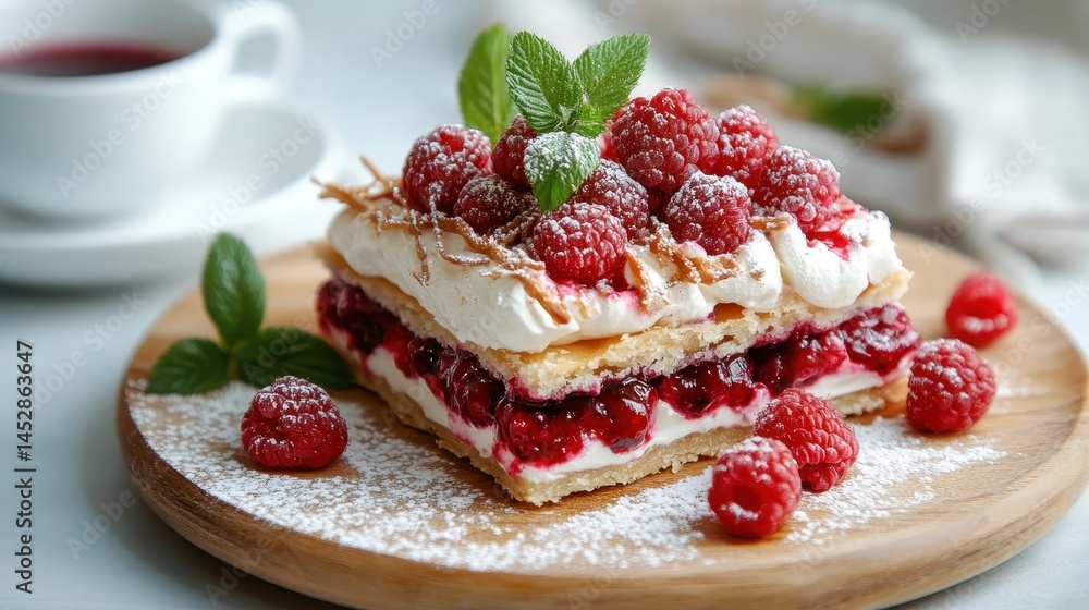 This sumptuous layered raspberry pastry showcases an exquisite combination of creamy and fruity textures, topped with fresh berries for a delightful culinary experience. This sumptuous layered raspberry pastry showcases an exquisite combination of creamy and fruity textures, topped with fresh berries for a delightful culinary experience.