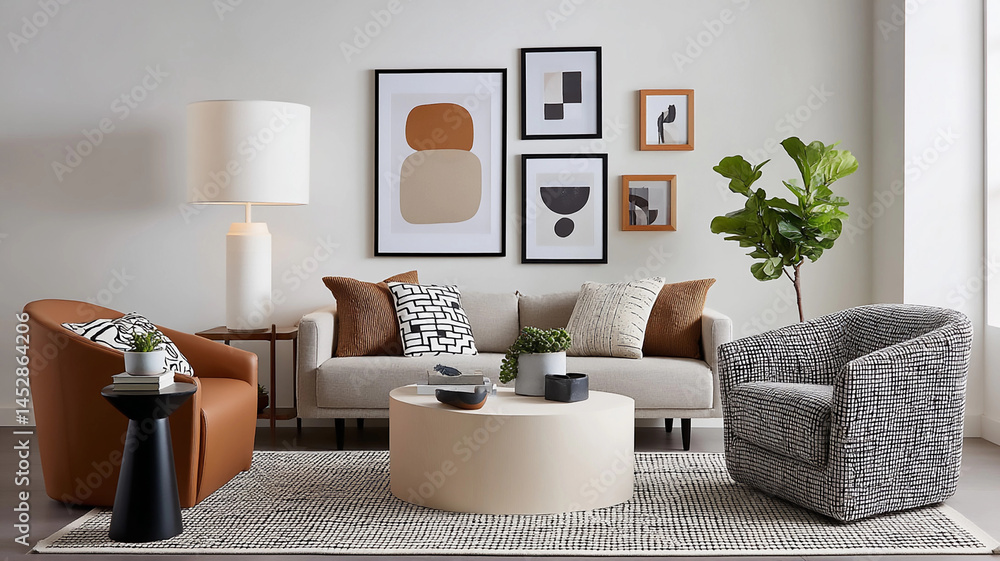 Fototapeta premium Modern living room with stylish furniture and artwork creating a cozy atmosphere in a contemporary setting