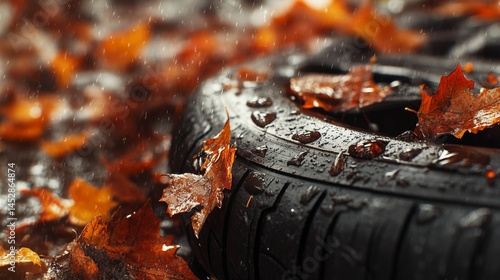 Car tire with falling autumn leaves and splashing water, macro photo, weather concept. Studio photo, Free space for text.