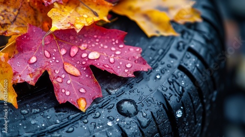 Car tire with falling autumn leaves and splashing water, macro photo, weather concept. Studio photo, Free space for text.