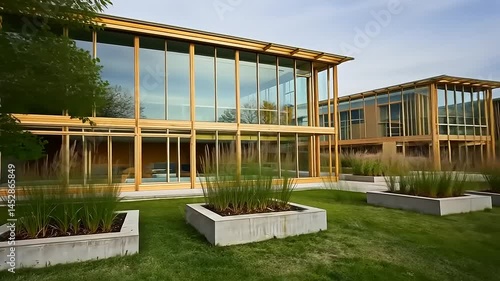 Modern, light-colored, wooden office buildings with landscaping.
