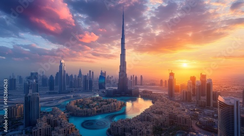 Dubai sunset panoramic view of downtown covered with clouds. Dubai is super modern city of UAE, cosmopolitan megalopolis. Very high resolution image