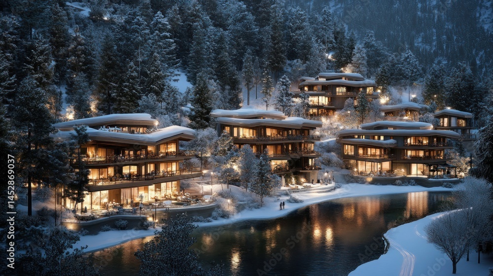 Fototapeta premium Luxury Winter Chalet Village: Lakeside Serenity in Snowy Mountains
