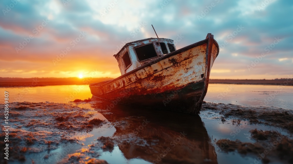 A weathered boat rests on the wetland, silhouetted against a vibrant sunset sky, capturing the beauty of decay and nature's reclamation of man-made objects. A weathered boat rests on the wetland, silhouetted against a vibrant sunset sky, capturing the beauty of decay and nature's reclamation of man-made objects.