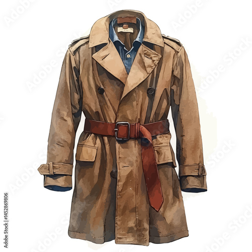 watercolor of Classic Trench Coat With A Belt, vector, isolated on a white background.