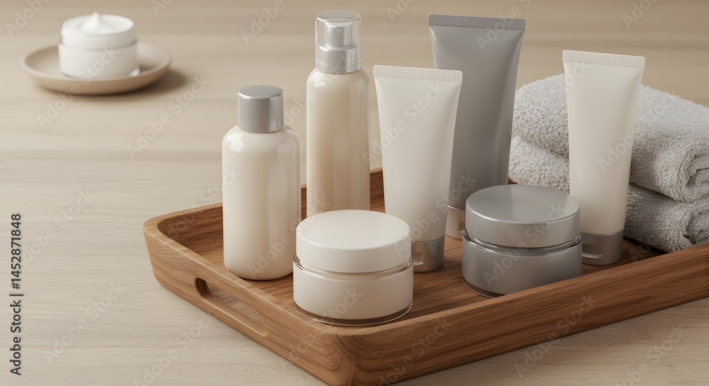 A collection of skincare products, bottles, and jars on a wooden tray for beauty routines. A collection of skincare products, bottles, and jars on a wooden tray for beauty routines.
