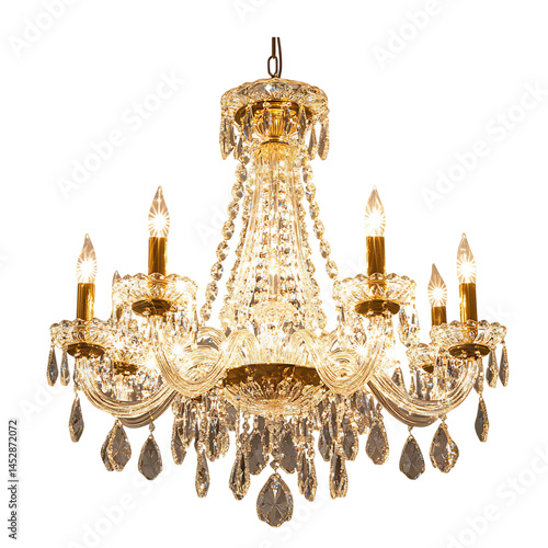 A Luxurious Crystal Clear Glass Chandelier with Gold Finish and Crystal Drops Isolated on Transparent Background