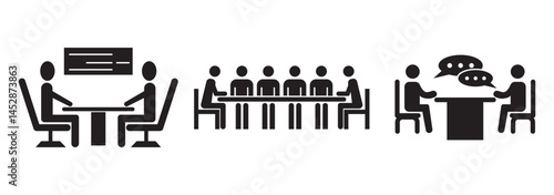 Brainstorming and teamwork icon. Business meeting. Debate team. Discussion group. People in conference room sitting around a table working together on new creative projects.