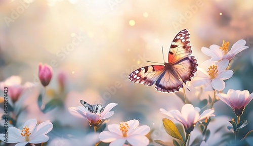 Wallpaper Mural Colorful butterfly hovering over pink and white flowers with soft light halo. Torontodigital.ca