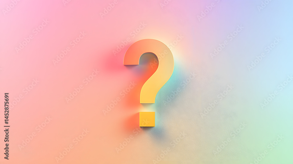 Pastel Question Mark: A vibrant, three-dimensional question mark in pastel yellow-orange hues stands out against a soft, gradient background of pastel rainbow colors. Pastel Question Mark: A vibrant, three-dimensional question mark in pastel yellow-orange hues stands out against a soft, gradient background of pastel rainbow colors.