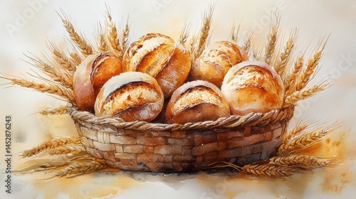 Artisanal bread and wheat a cozy watercolor still life