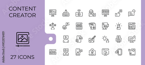 Content Creator line icon set. Pictograms of content creation, media, blog, video content, content, stream and more. Content icon set. Outline symbol collection. Editable vector. Pixel perfect.