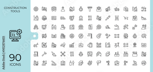 Construction Tools line icon set. Minimal icons collection. Includes symbols for equipment, mechanic, work, house. Editable stroke. Pixel Perfect. Tool simple icon set.