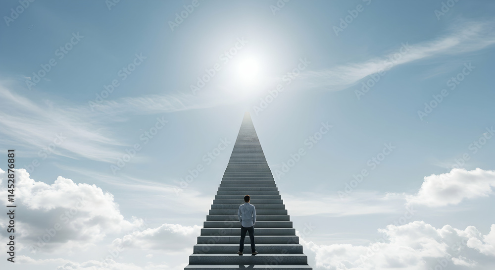 Man Looking Up at Tall Steps Leading to Bright Light in Sky