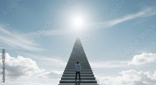 Obraz na płótnie Man Looking Up at Tall Steps Leading to Bright Light in Sky w salonie