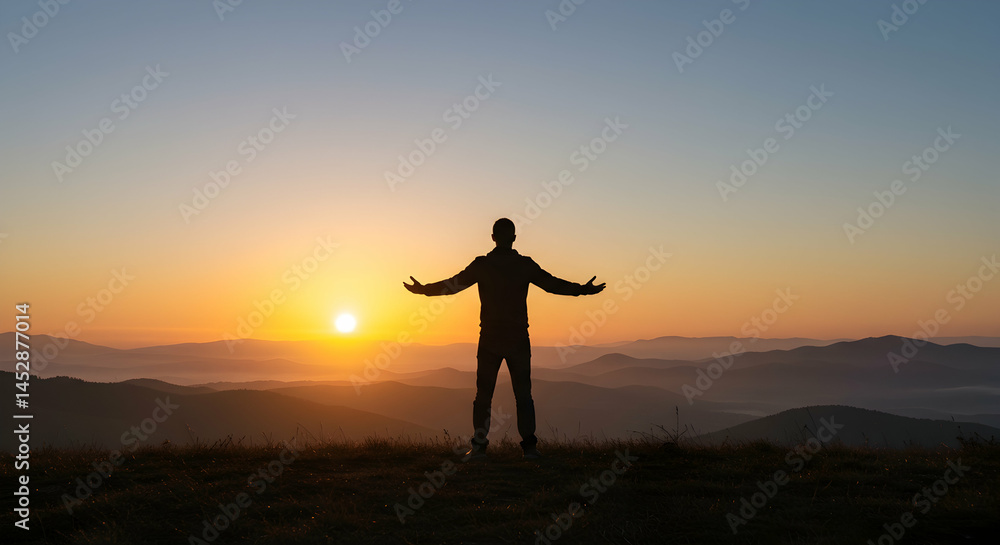 Person Celebrating Sunrise with Open Arms in Mountain Landscape