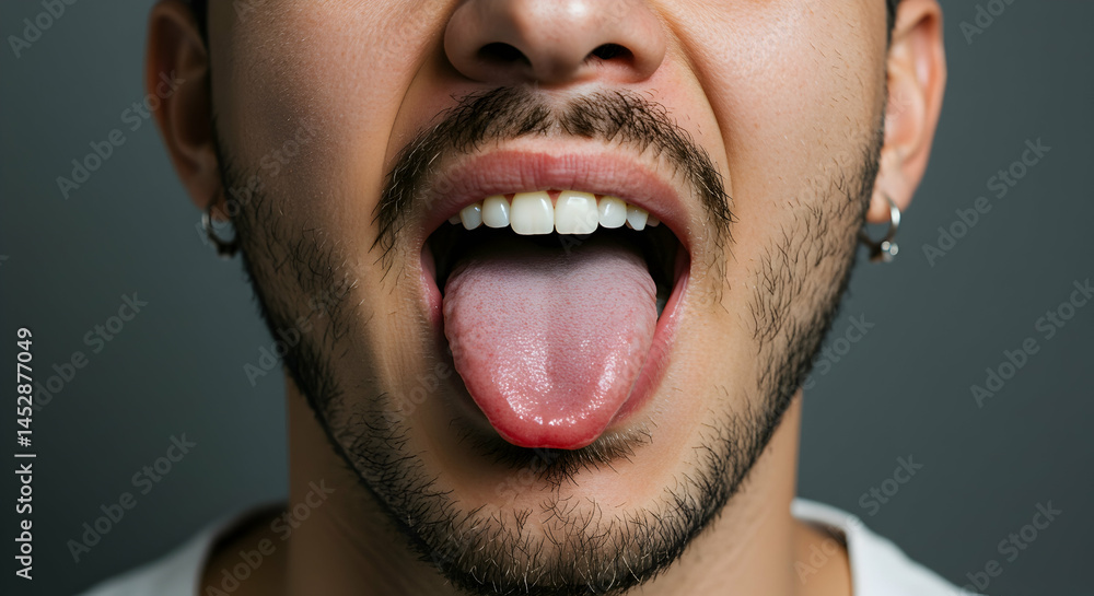 Close-Up Portrait of Young Man Sticking Out Tongue with Beard