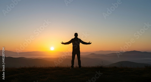 Obraz na płótnie Person Celebrating Sunrise with Open Arms in Mountain Landscape w salonie