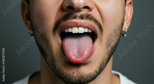 Obraz na płótnie Close-Up Portrait of Young Man Sticking Out Tongue with Beard w salonie