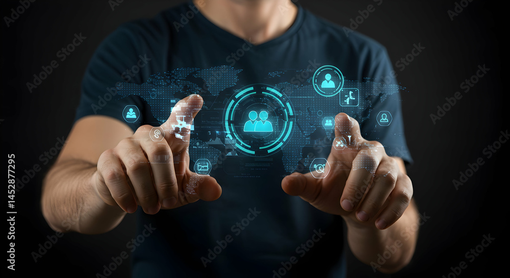 Hands Reaching Out to Interactive Digital Interface with Icons