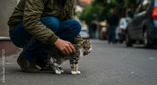 Obraz na płótnie Person Kneeling on Street Cuddling Small Cat Near Cars in Cityscape w salonie