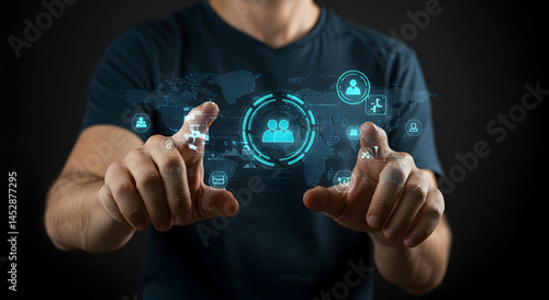 Obraz na płótnie Hands Reaching Out to Interactive Digital Interface with Icons w salonie
