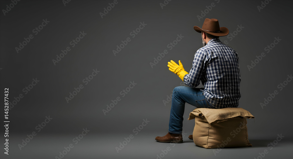 Man in Cowboy Hat Preparing for Work with Yellow Gloves on Stool