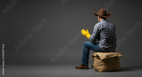 Obraz na płótnie Man in Cowboy Hat Preparing for Work with Yellow Gloves on Stool w salonie