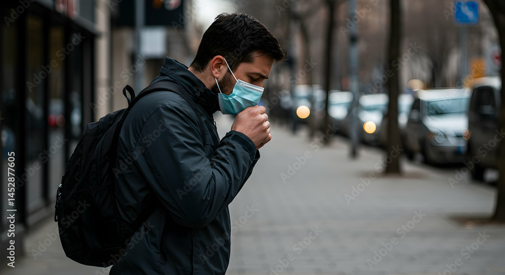 Man Wearing Face Mask with Backpack Walking on City Street