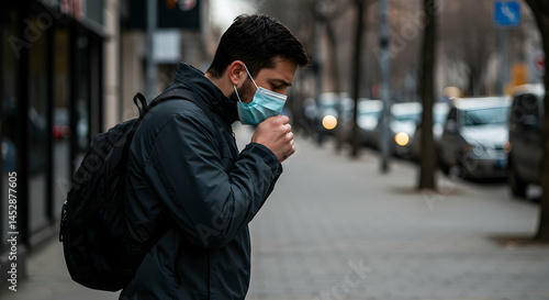 Obraz na płótnie Man Wearing Face Mask with Backpack Walking on City Street w salonie