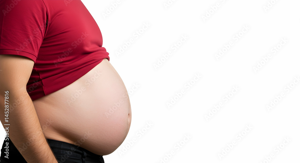 Man with visible belly in red shirt posing for humorous lifestyle photo