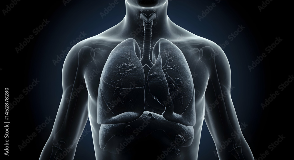 Detailed X-ray Image of Human Lungs with Dark Background