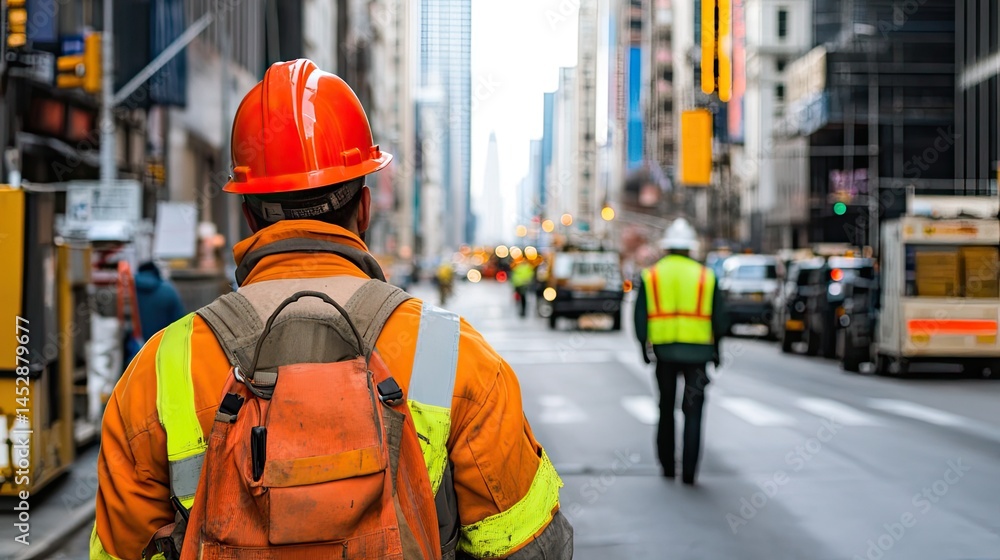 NYC Construction Worker Walking City Street. NYC Construction Worker Walking City Street.