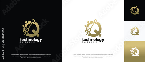 Q letter technology logo design template. Q letter technology connection logo template.