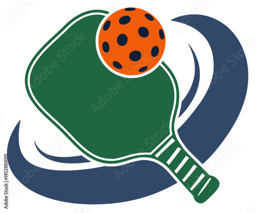 Pickleball paddle, ball, and swoosh logo illustration