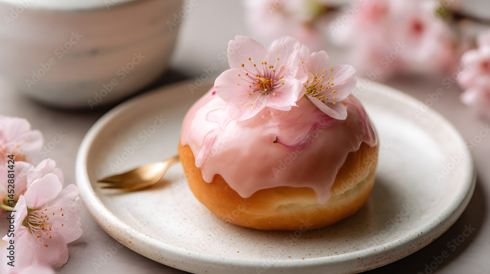 Japanese Style Donut with Smooth Pink Icing and Cherry Blossom Decoration on a Plate Japanese Style Donut with Smooth Pink Icing and Cherry Blossom Decoration on a Plate