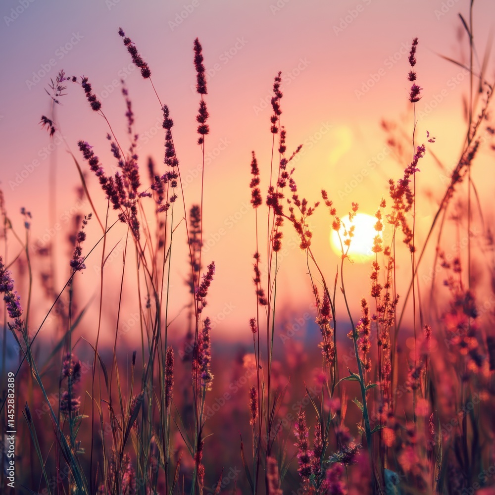 Obraz premium Captivating sunset through field of tall grass creating a warm and serene atmosphere with a soft focus and a dreamy aesthetic in a nature landscape