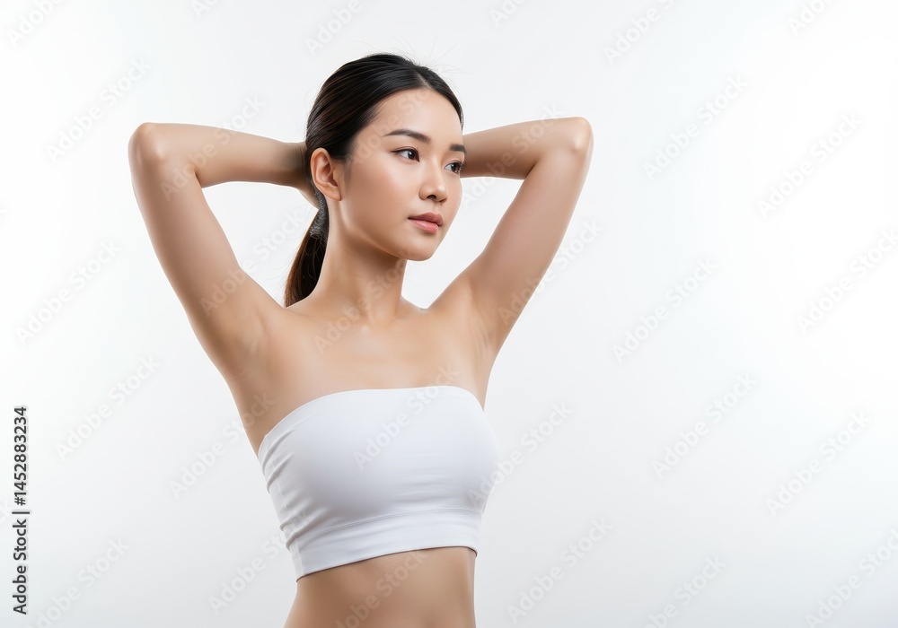 Obraz premium Beautiful young woman with smooth skin and hair in a white top girl care body