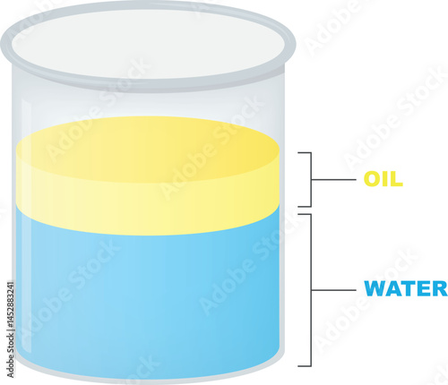 Water and oil vector. Olive oil floats on water in a beaker. Oil and water are mutually insoluble, and oil is less dense than water.
