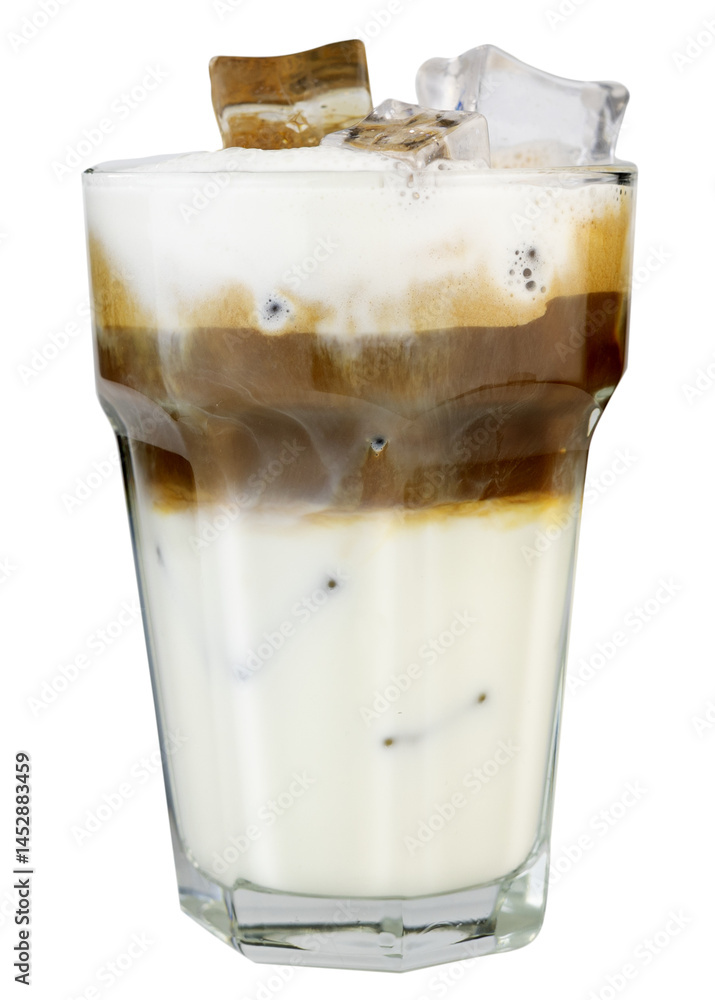 Closeup iced cappuccino coffee with milk foam on top in tall glass isolated clean cut clipping path on white background. Closeup iced cappuccino coffee with milk foam on top in tall glass isolated clean cut clipping path on white background.