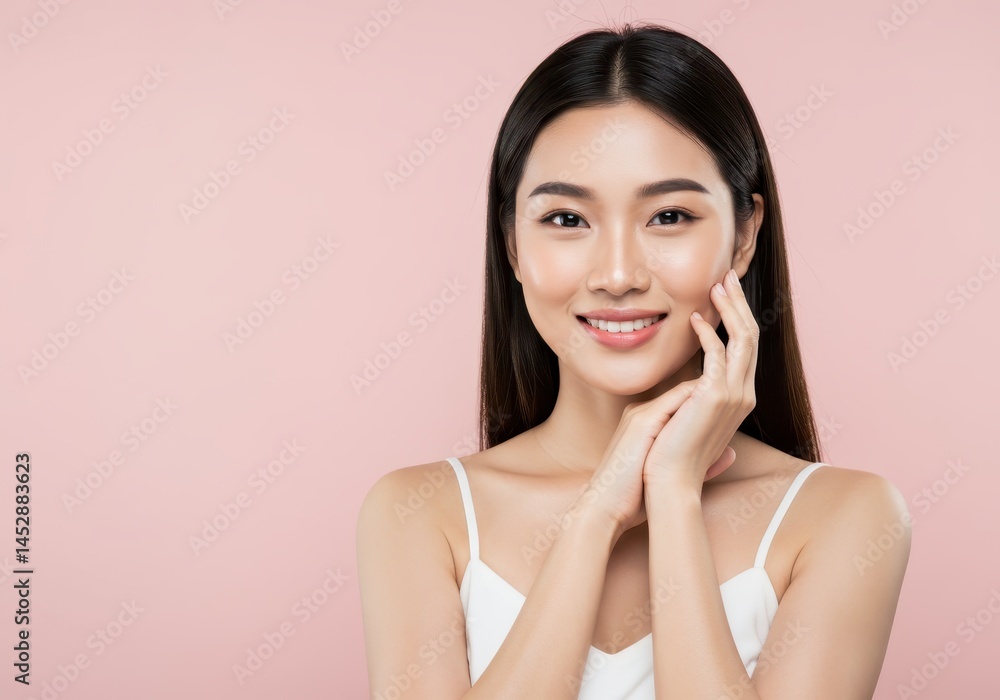 Beautiful asian woman with smooth skin and bright smile posing against pink background face girl care Beautiful asian woman with smooth skin and bright smile posing against pink background face girl care