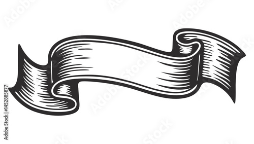 Vintage ribbon banner waving, showcasing clean, precise line art with smooth curves and folds, perfect for decorative or graphic design projects needing classic, elegant elements.